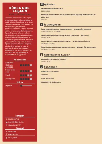 Biyoloji Öğretmeni CV Örnekleri cv indir